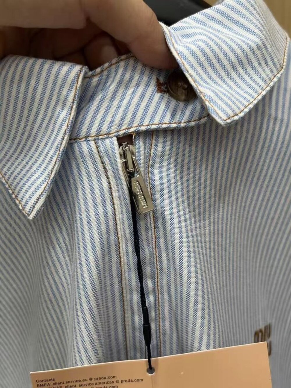 Miu Miu Light Blue White Pinstripe Cotton Zip Collared Jacket - Picture 4 of 4